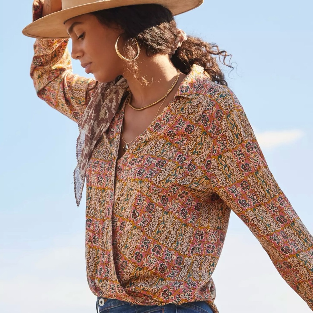 Anthropologie Pilcro Tisha Surplice Blouse Boho Floral Wrap Top Medium